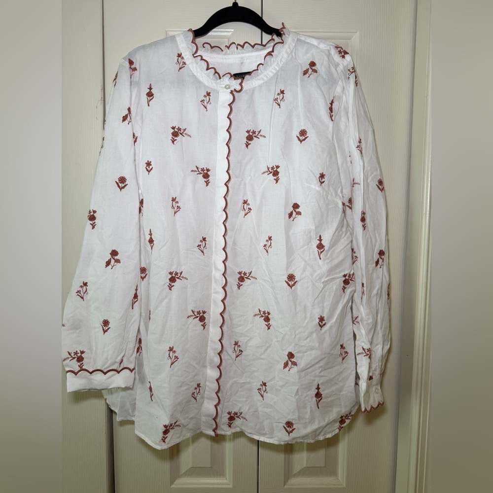 Talbots Ivory Blouse with Rust Embroidery